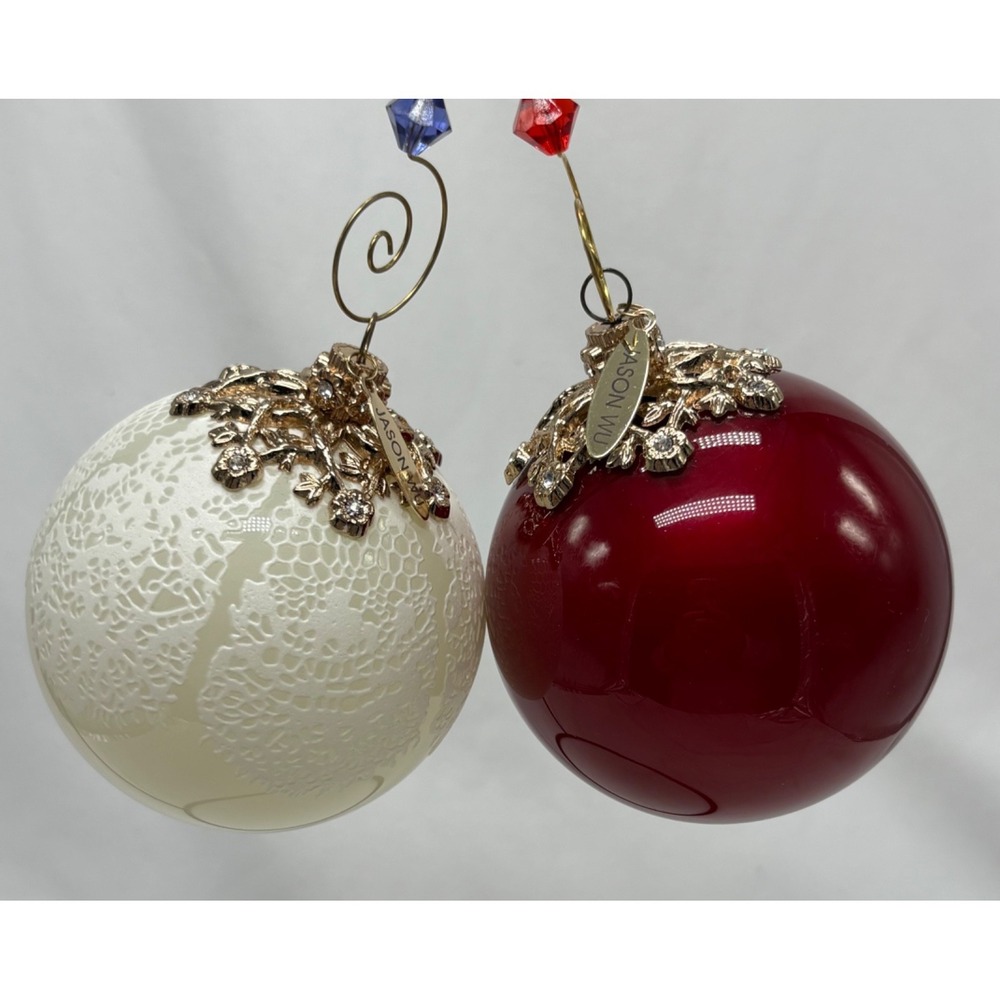 Jason Wu Glass Christmas ornaments Set of 2 White Lace & Red Gold Rhinestone